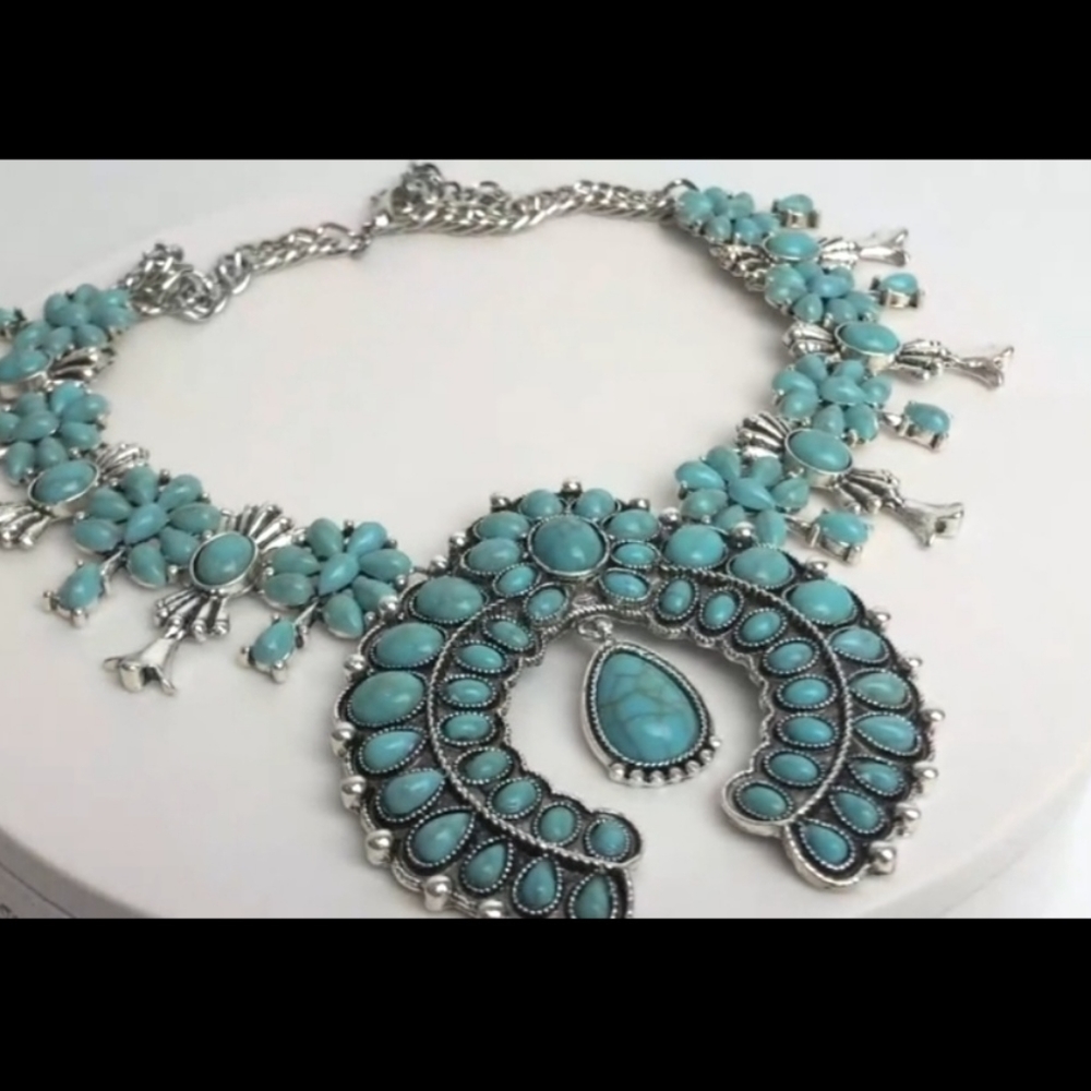 Simulated turqouise squash Blossom Necklace